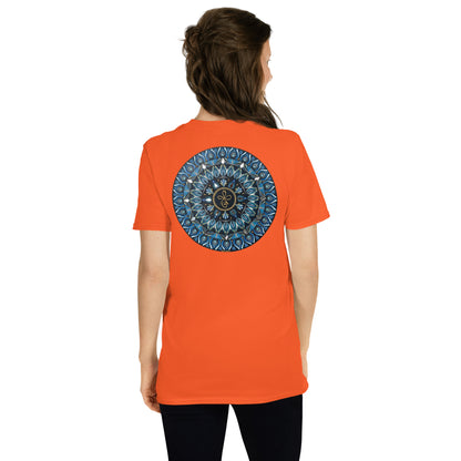 Unisex Softstyle T-Shirt (mandala with 3 loops in core on back | FAMILY in black lettering on front)