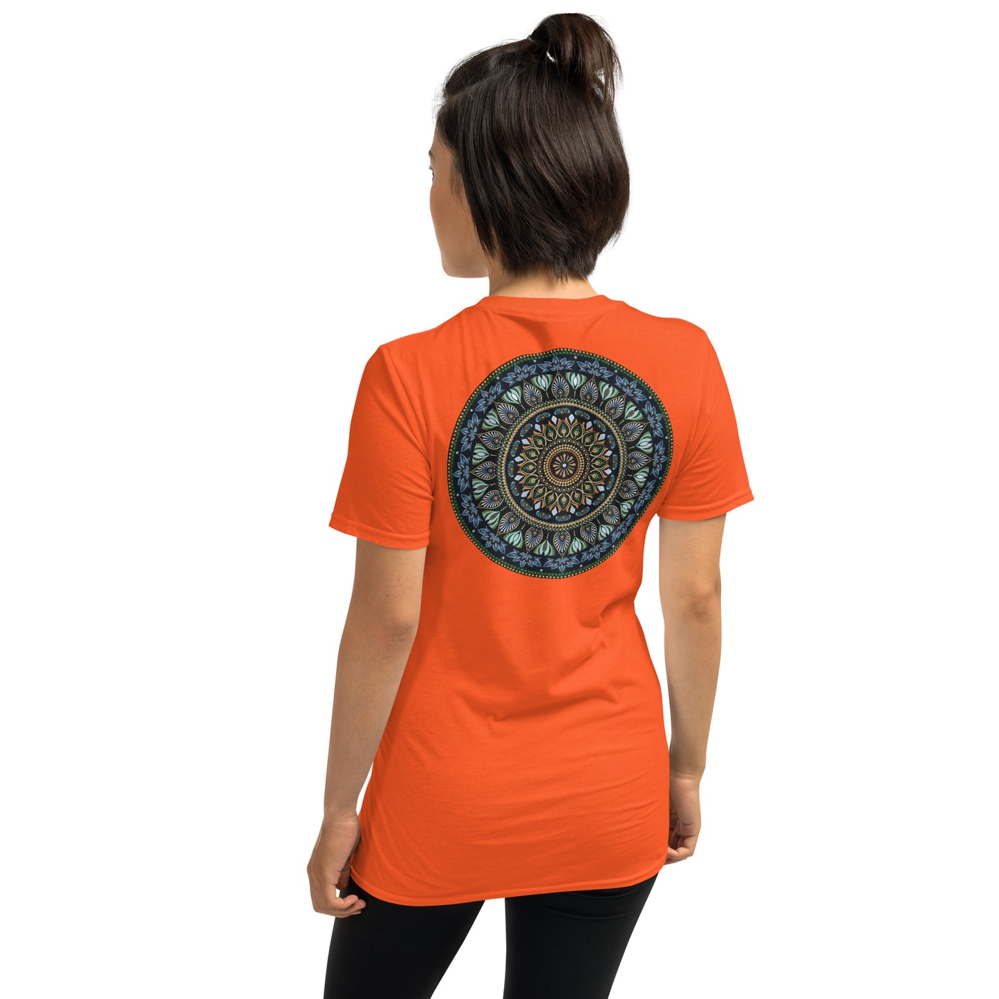 Unisex Softstyle T-Shirt (mandala green and gold rim on back | GRATITUDE in black lettering on front)