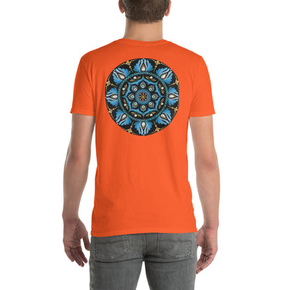 Unisex Softstyle T-Shirt (mandala with spokes in core on back | WISDOM in black lettering on front)