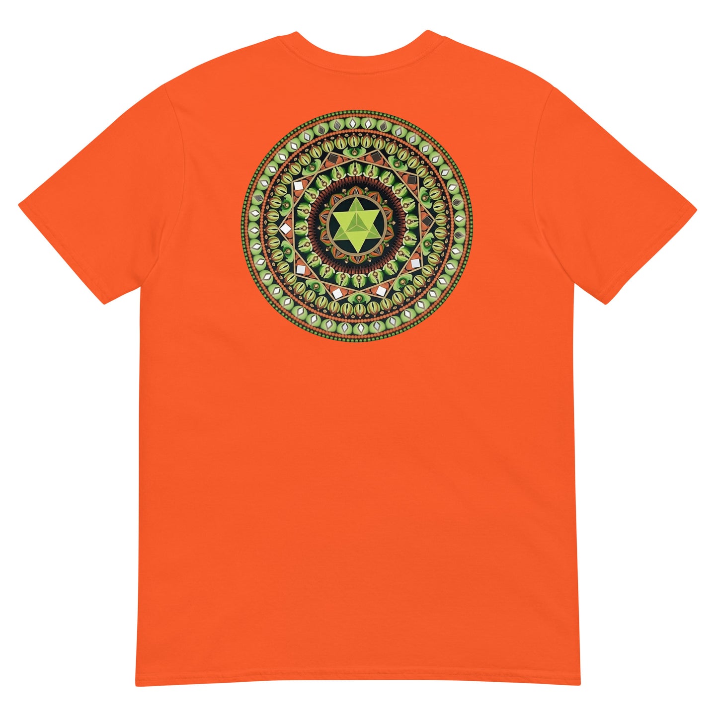 Unisex Softstyle T-Shirt (mandala with green star on back | HARMONY in black lettering on front)
