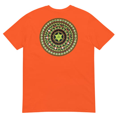 Unisex Softstyle T-Shirt (mandala with green star on back | HARMONY in black lettering on front)