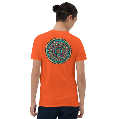 Unisex Softstyle T-Shirt (mandala with red core on back | PURPOSE in black lettering on front)