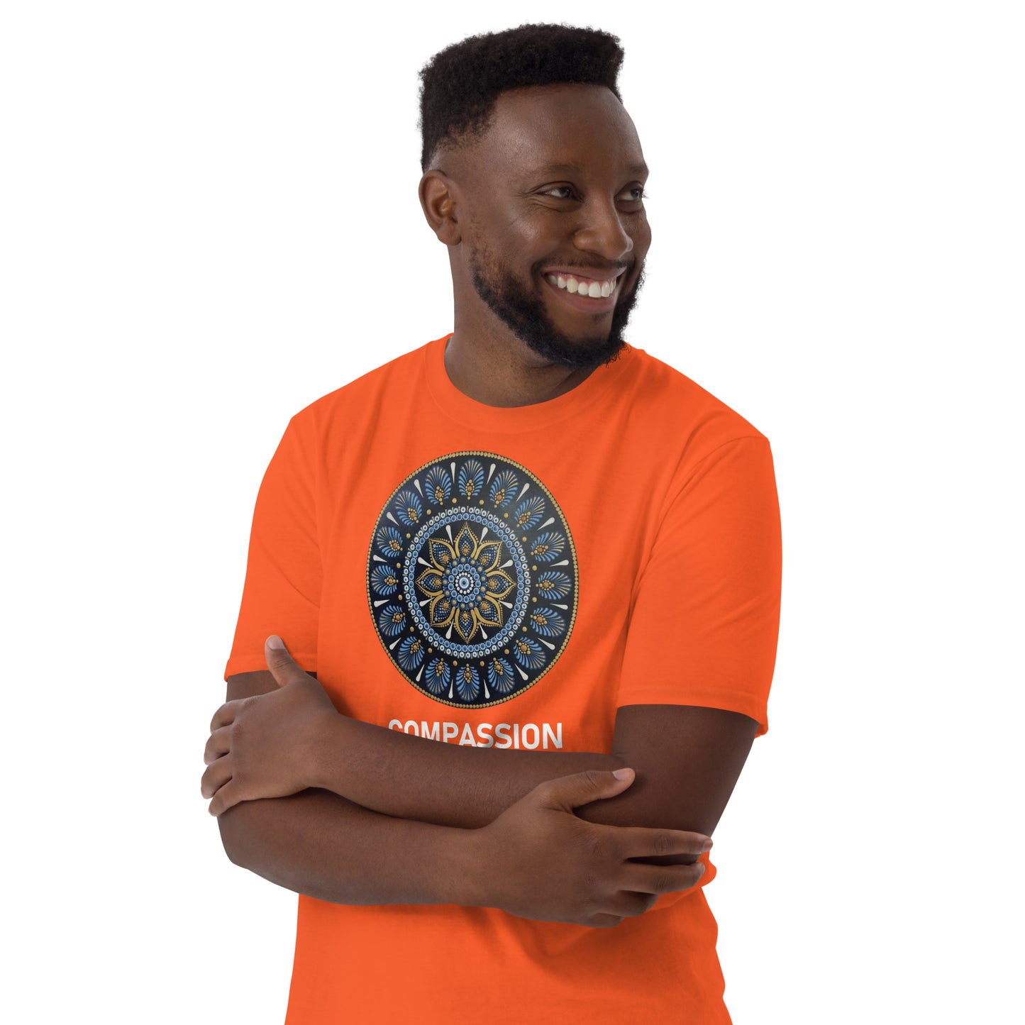 Unisex Softstyle T-Shirt (mandala with gold rim | on front | COMPASSION in white lettering)