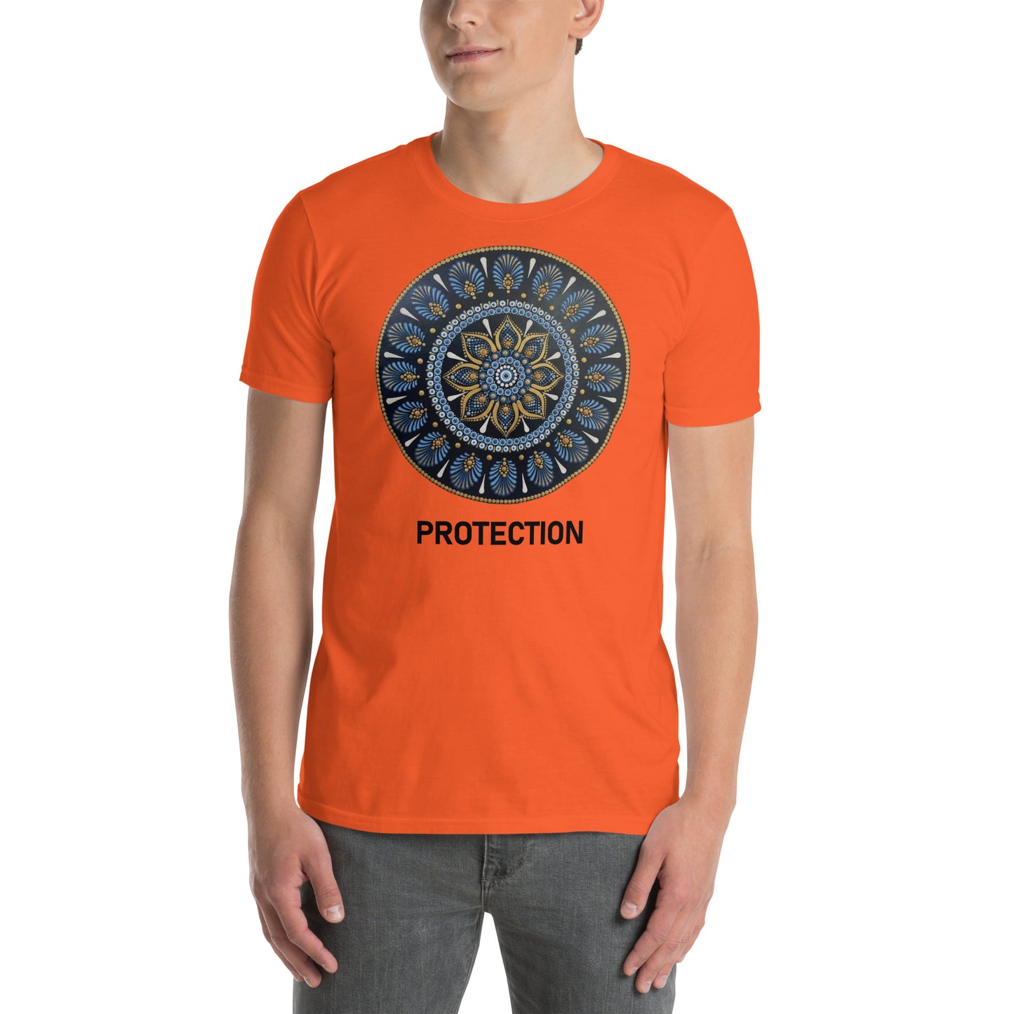 Unisex Softstyle T-Shirt (mandala with gold rim on front | PROTECTION in black lettering)