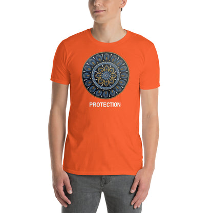 Unisex Softstyle T-Shirt (mandala with gold rim on front | PROTECTION in white lettering)