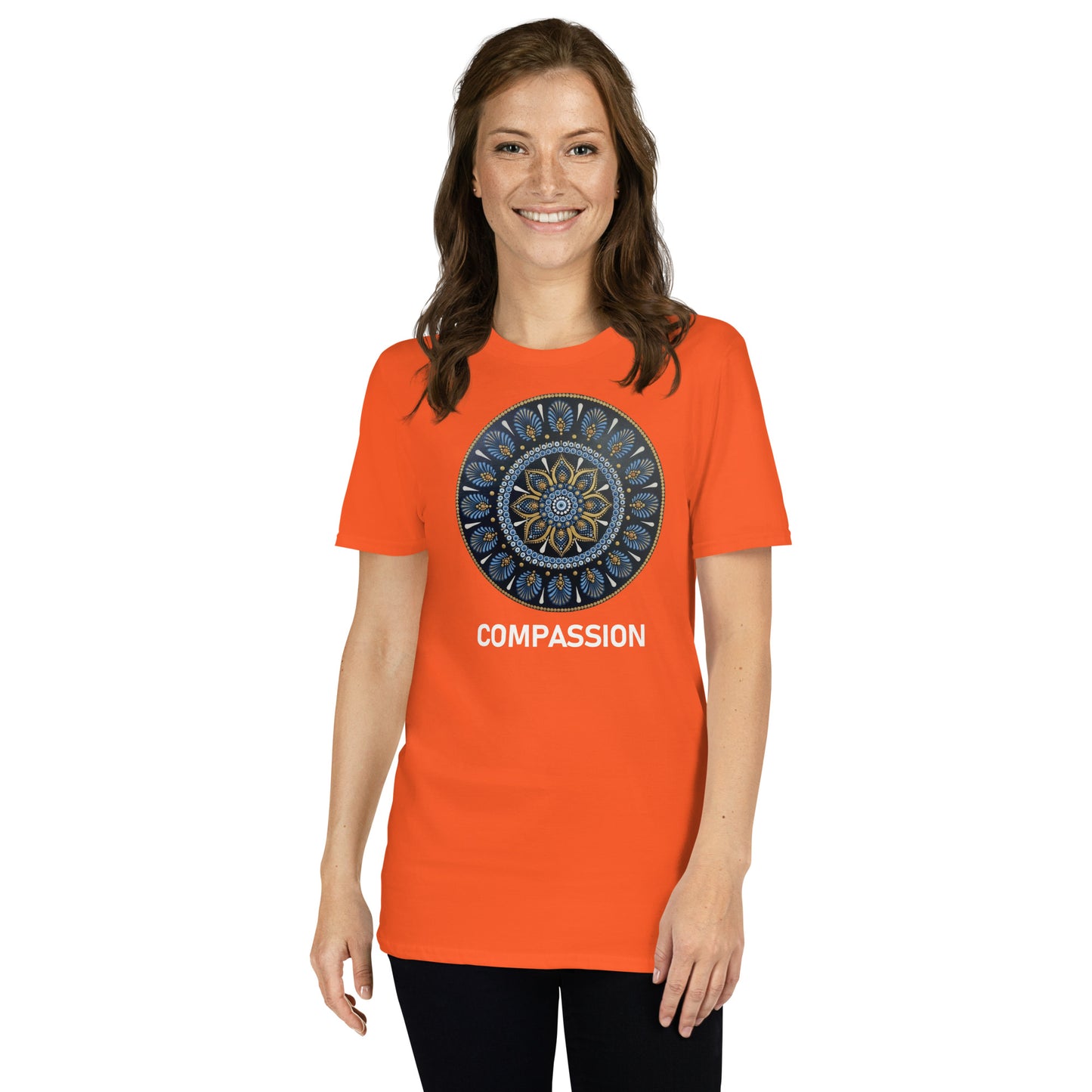 Unisex Softstyle T-Shirt (mandala with gold rim on front | COMPASSION in white lettering)