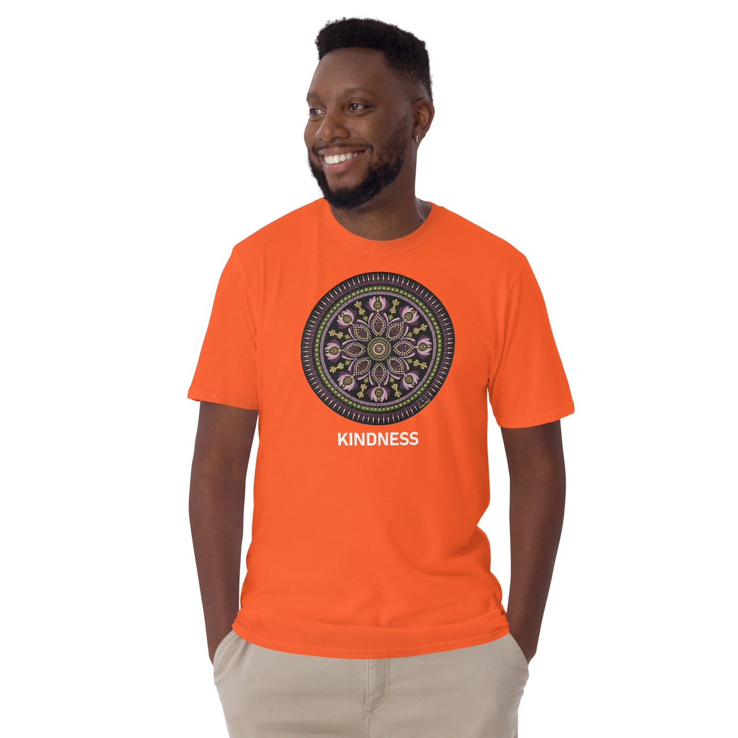 Unisex Softstyle T-Shirt (mandala with magenta rim on front | KINDNESS in white lettering)