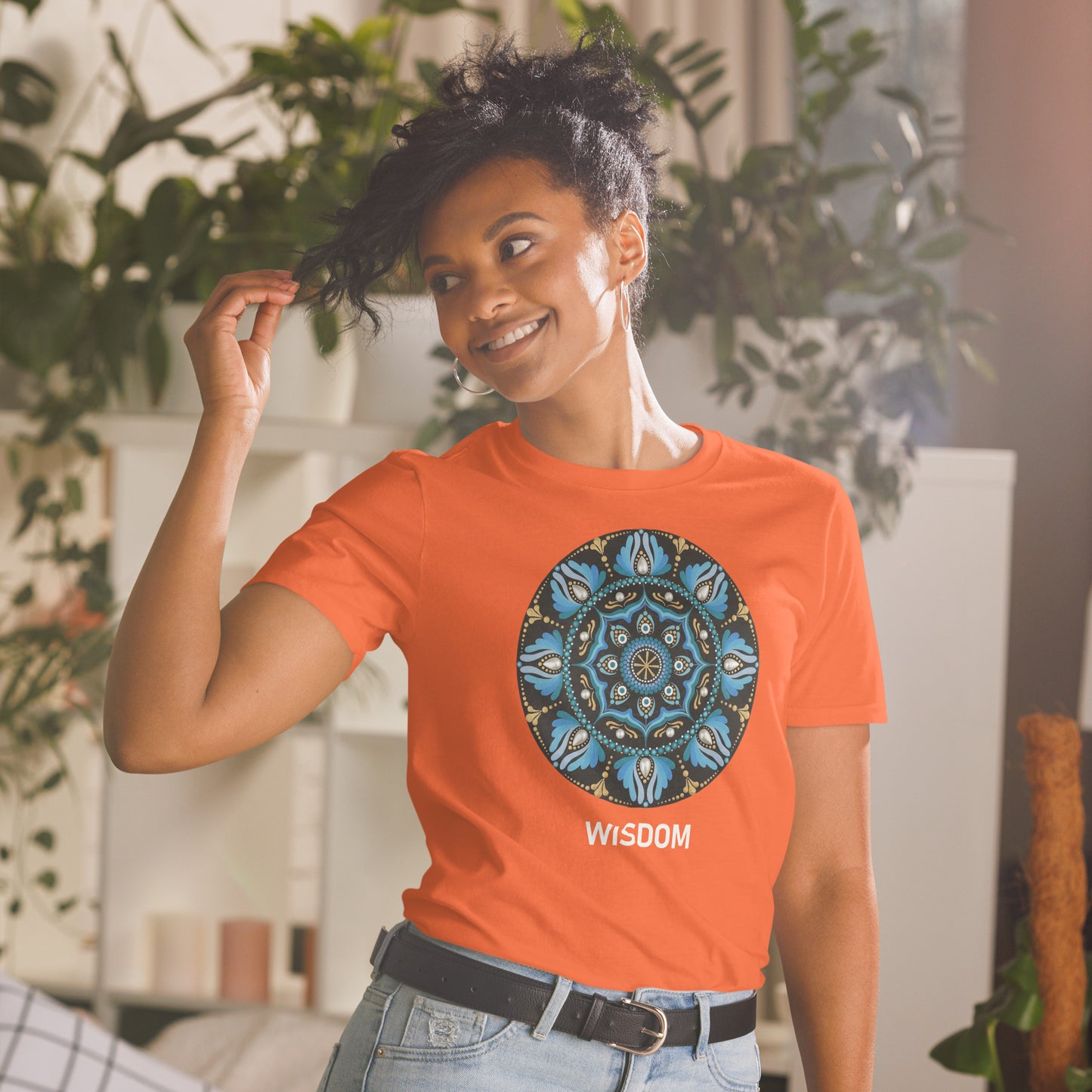 Unisex Softstyle T-Shirt (mandala with spokes in core on front | WISDOM in white lettering)