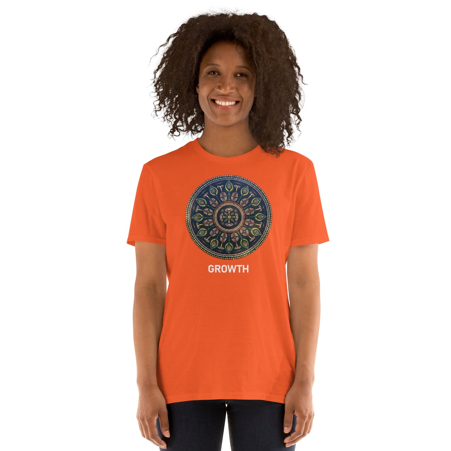 Unisex Softstyle T-Shirt (mandala with cross at the core on front | GROWTH in white lettering)