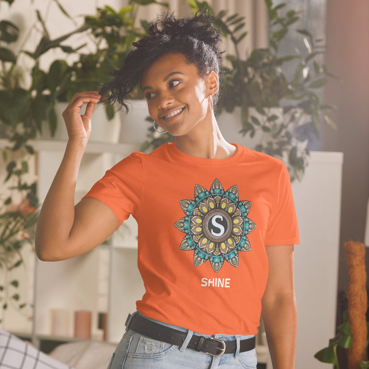 Unisex Softstyle T-Shirt (mandala with S in core | on front | SHINE in white lettering)