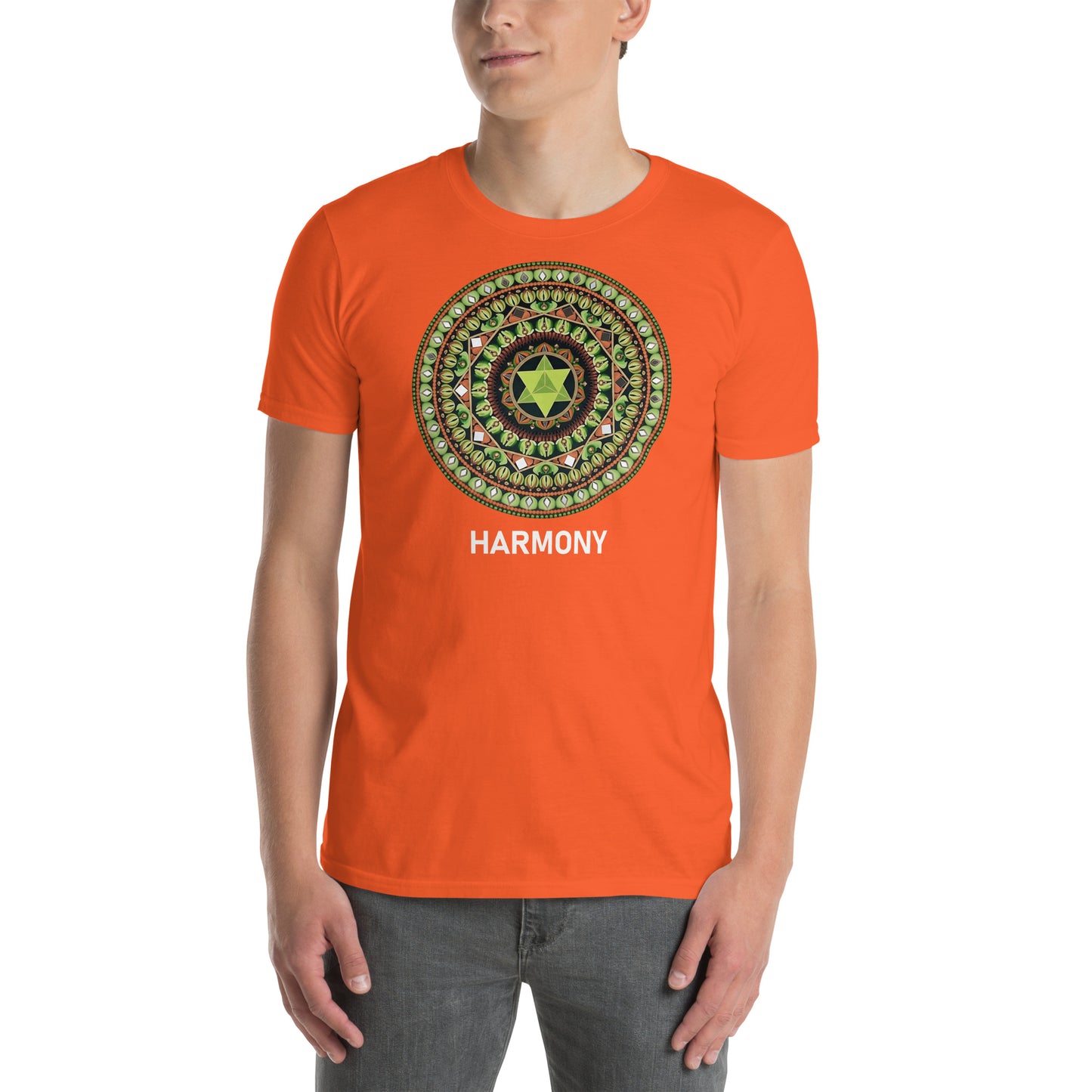 Unisex Softstyle T-Shirt (mandala with green star | on front | HARMONY in white lettering)
