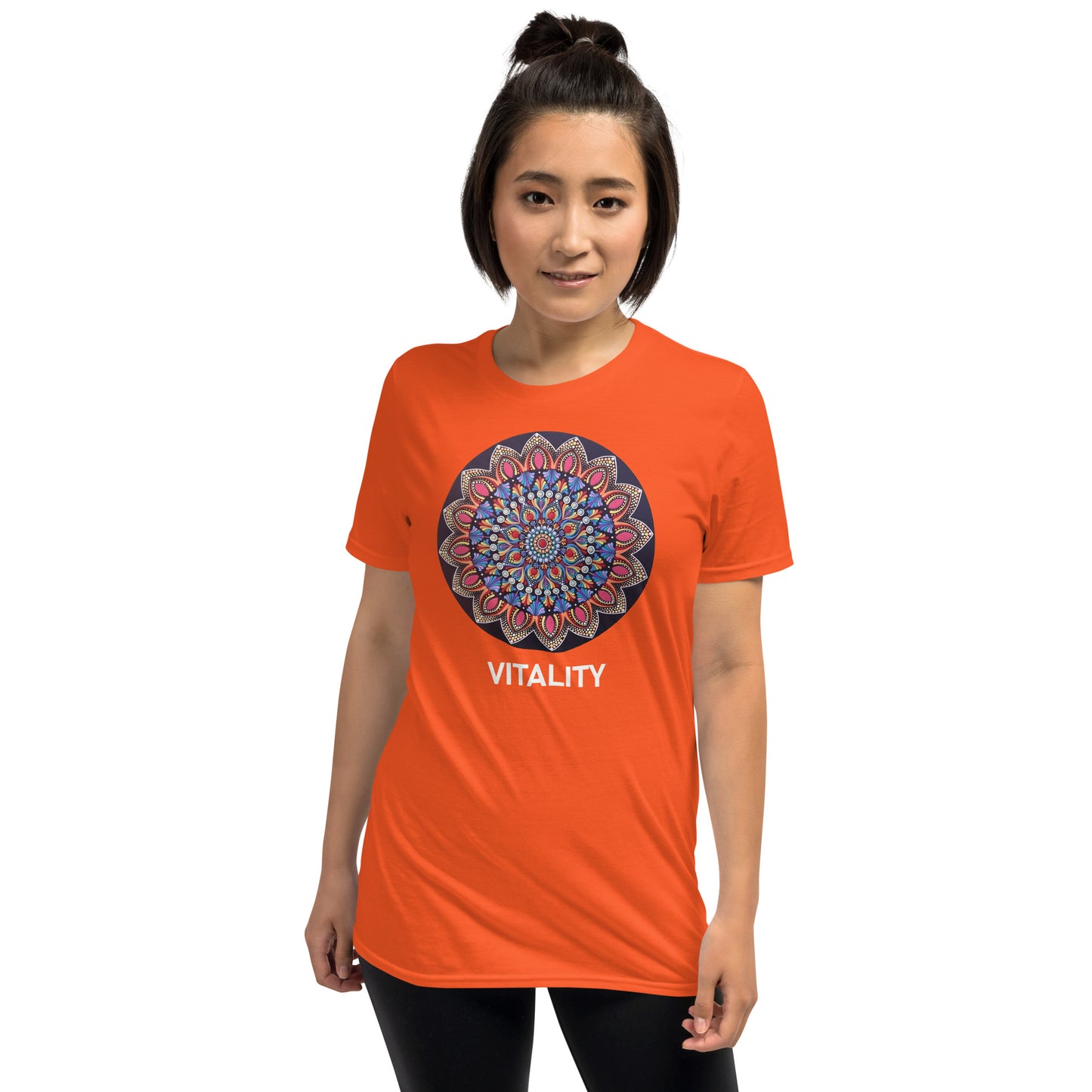Unisex Softstyle T-Shirt (mandala with pink petals | on front | VITALITY in white lettering)