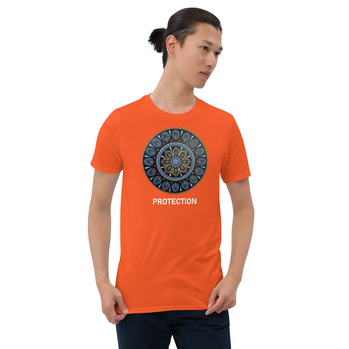 Unisex Softstyle T-Shirt (mandala with gold outer rim | on front | PROTECTION in white lettering)