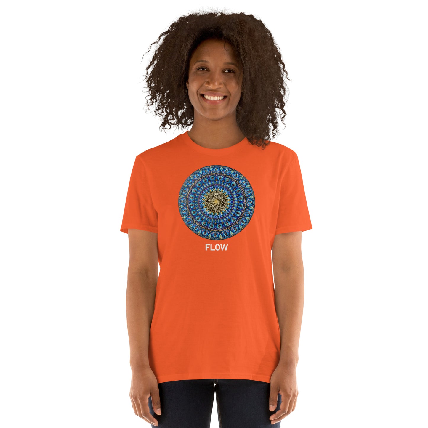 Unisex Softstyle T-Shirt (mandala with golden core | on front | FLOW in white lettering)