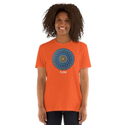 Unisex Softstyle T-Shirt (mandala with golden core | on front | FLOW in white lettering)