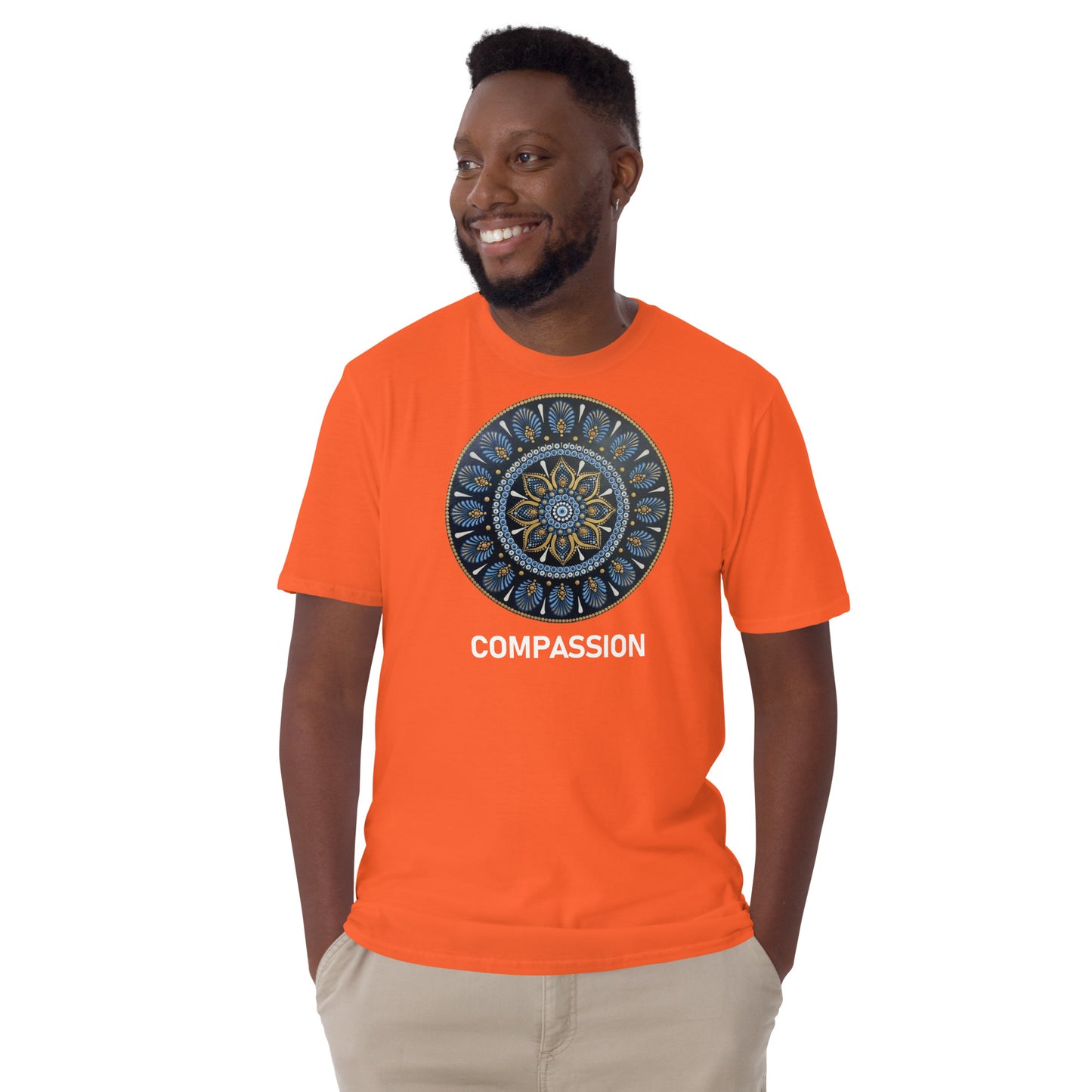 Unisex Softstyle T-Shirt (mandala with gold rim | on front | COMPASSION in white lettering)