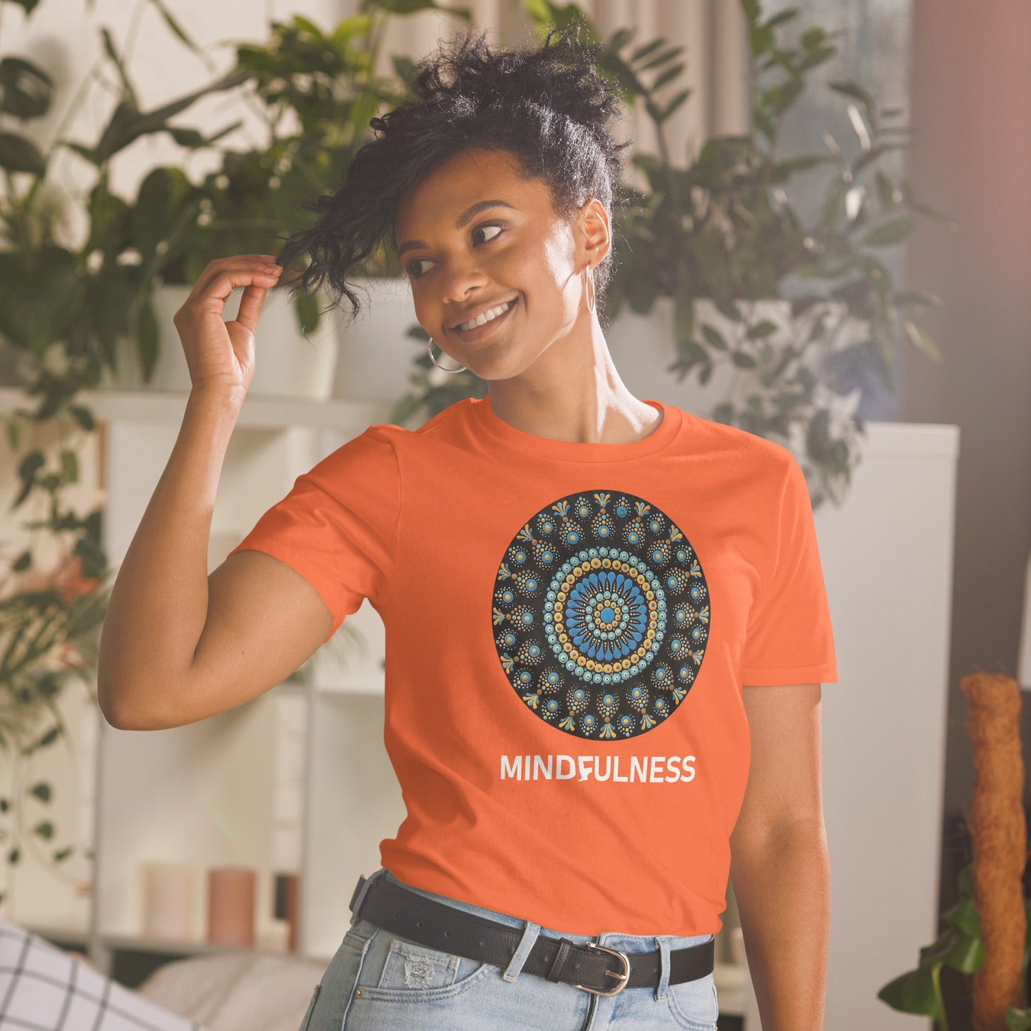 Unisex Softstyle T-Shirt (mandala with blue dots and black back | on front | MINDFULNESS in white lettering)