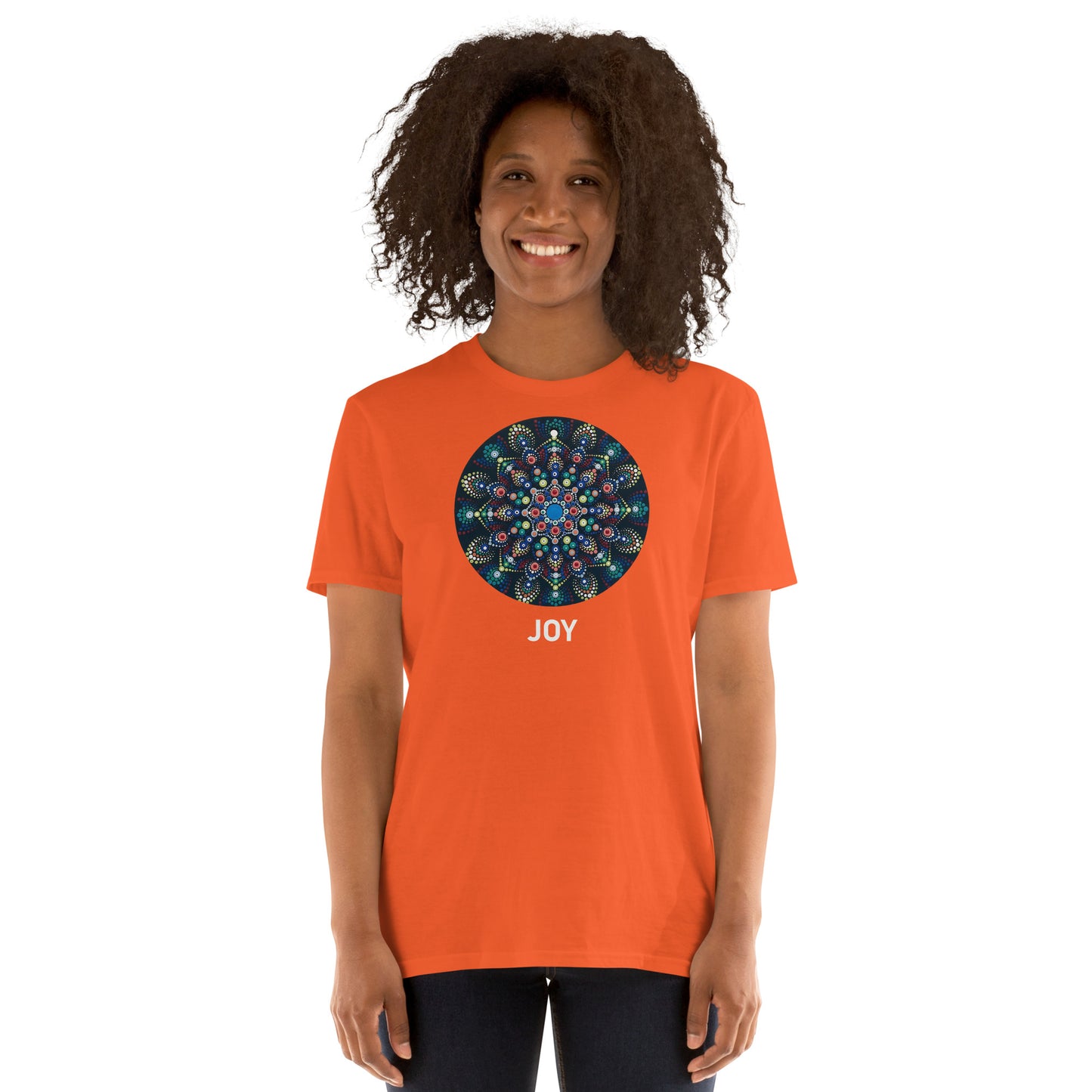 Unisex Softstyle T-Shirt (mandala with colorful dots | on front | JOY in white lettering)