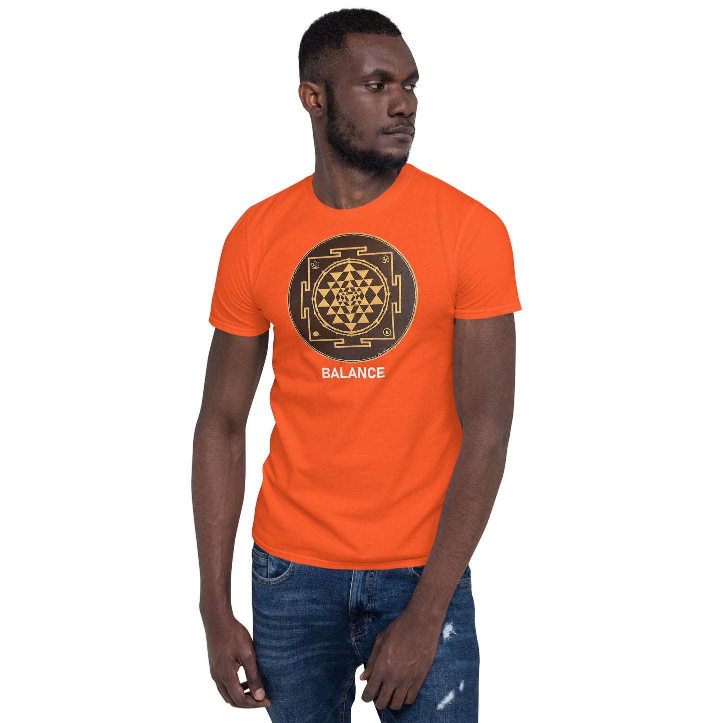 Unisex Softstyle T-Shirt (brown and gold mandala | on front | BALANCE in white lettering)