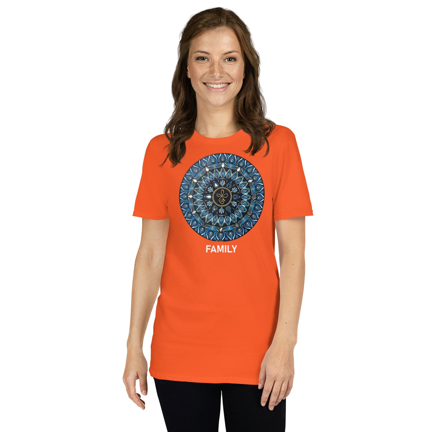 Unisex Softstyle T-Shirt (mandala with 3 loops in core | on front | FAMILY in white lettering)
