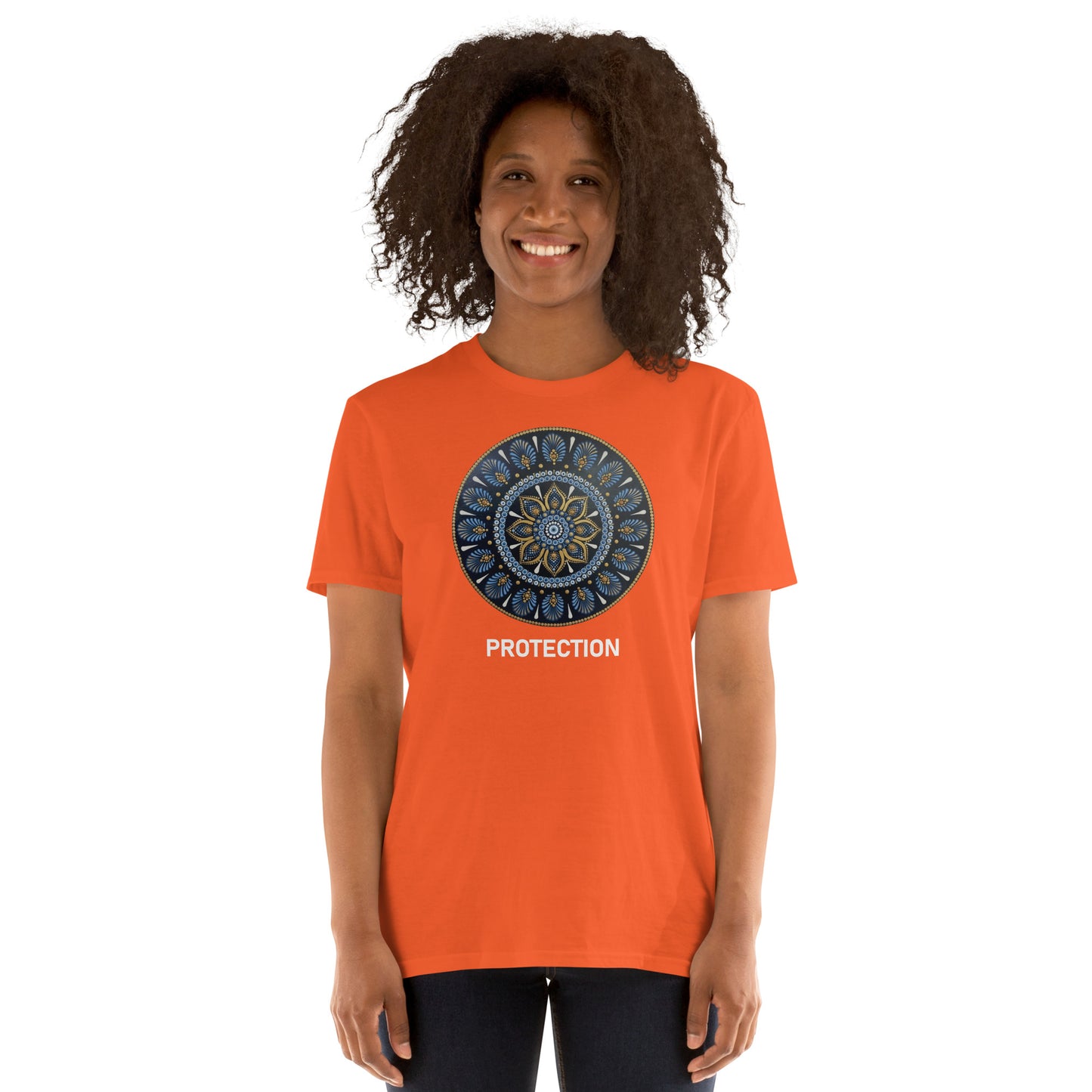 Unisex Softstyle T-Shirt (mandala with gold rim | on front | PROTECTION in white lettering)