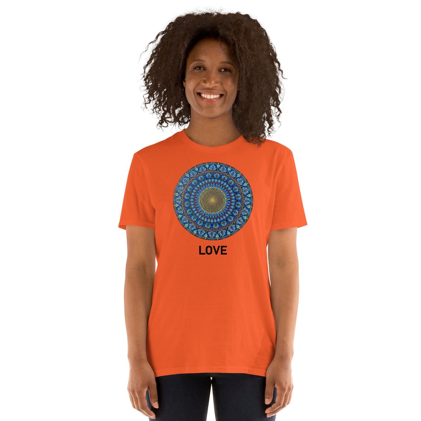 Unisex Softstyle T-Shirt (mandala with golden core | on front | LOVE in black lettering)