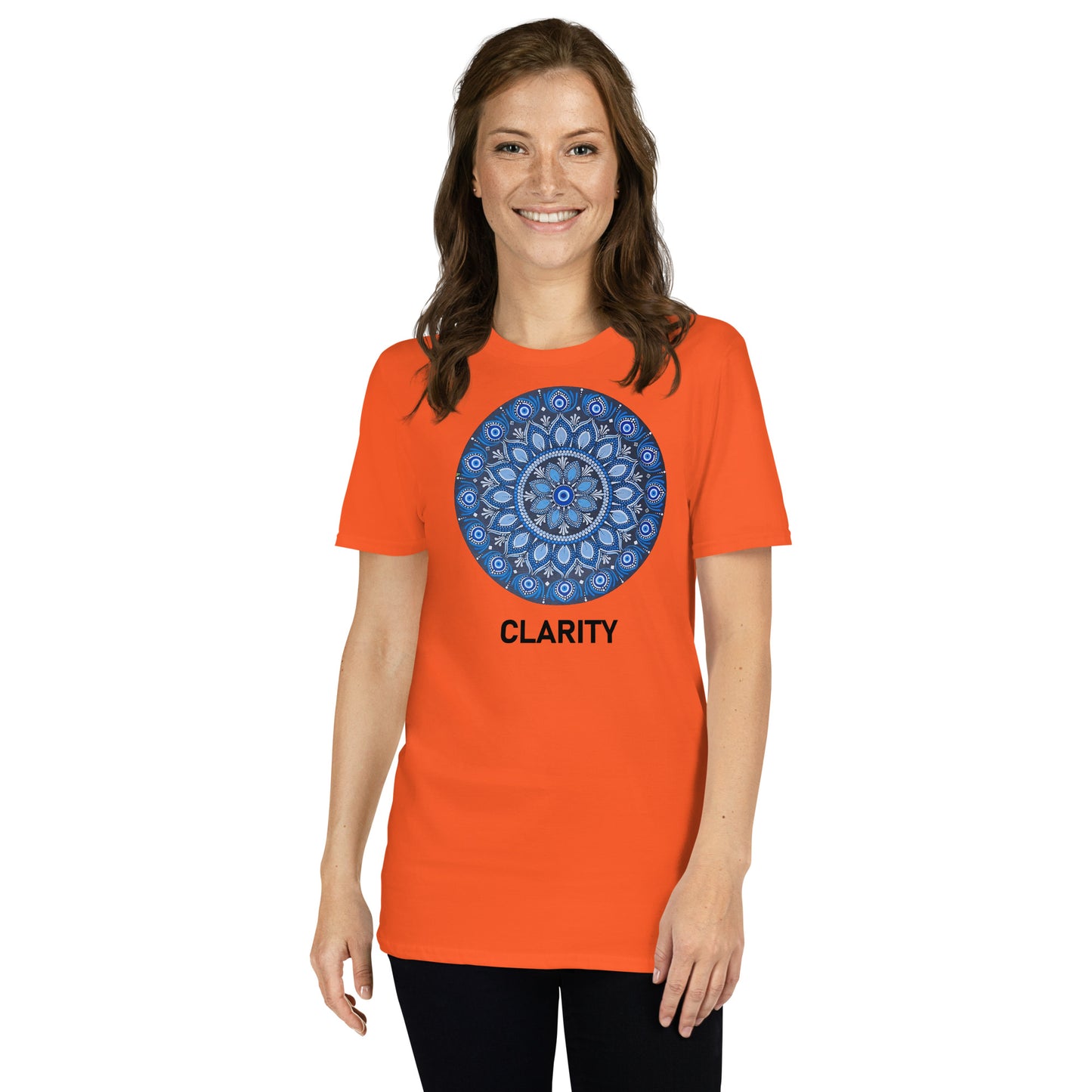 Unisex Softstyle T-Shirt (all blue mandala | on front | CLARITY in black lettering)