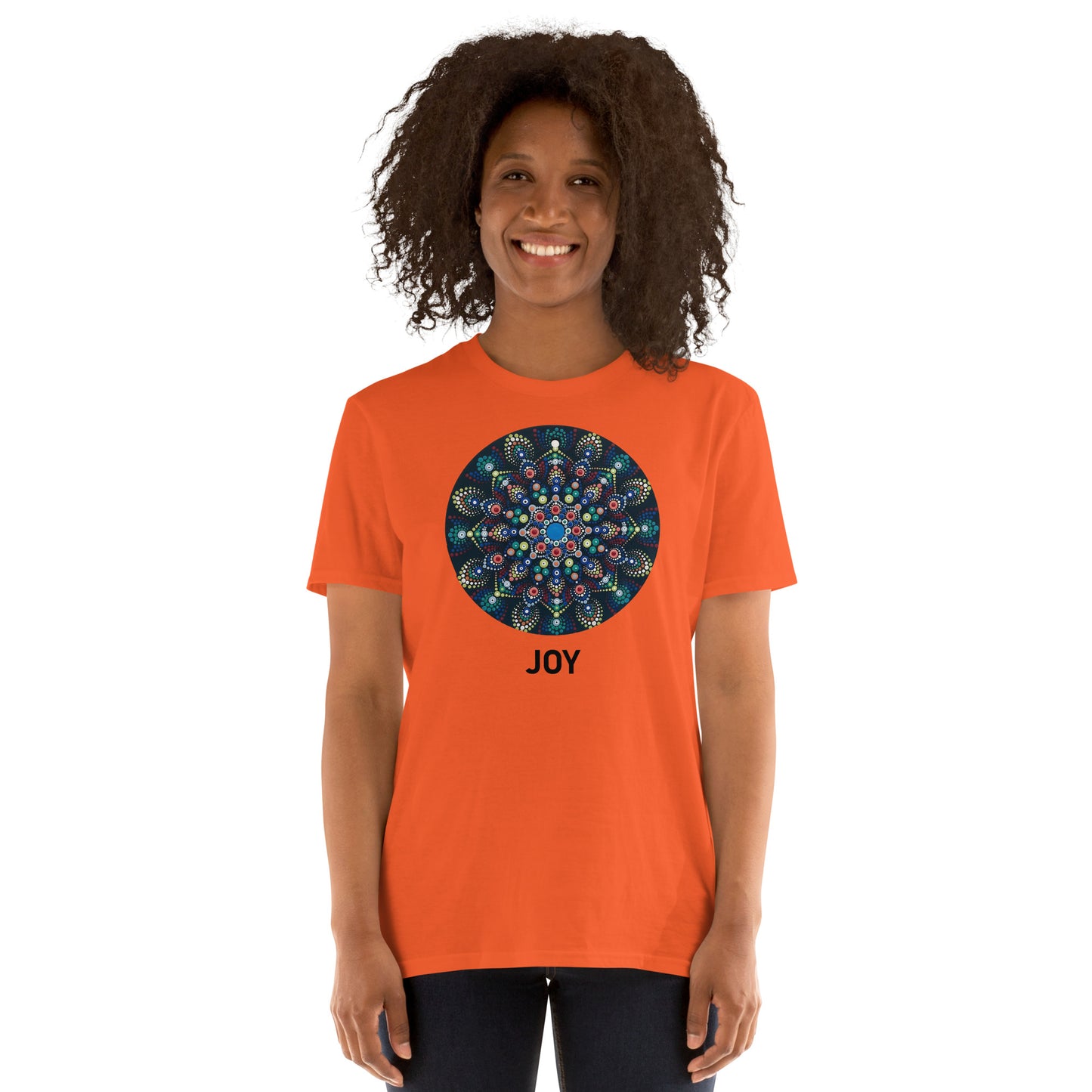 Unisex Softstyle T-Shirt (mandala with colorful dots | on front | JOY in black lettering)