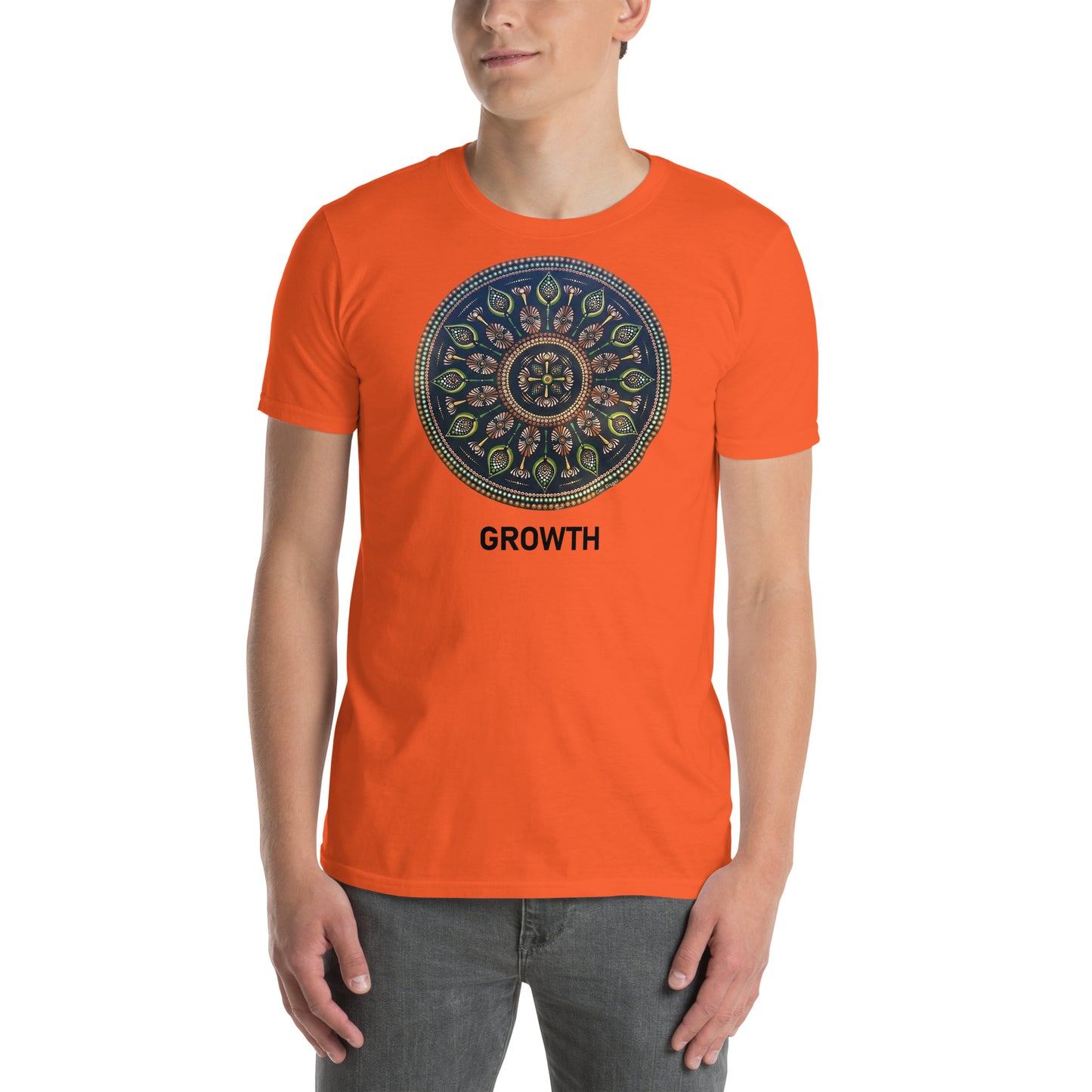 Unisex Softstyle T-Shirt (mandala with cross in the core | on front | GROWTH in black lettering)