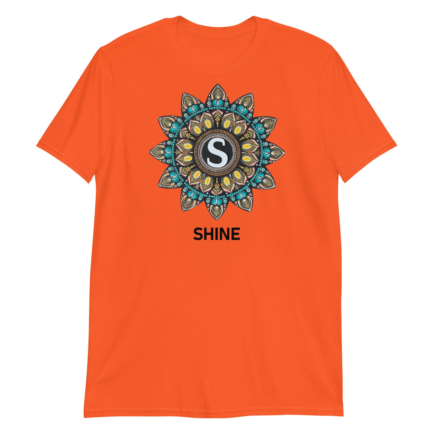Unisex Softstyle T-Shirt (mandala with "S" in core | on front | SHINE in black lettering)