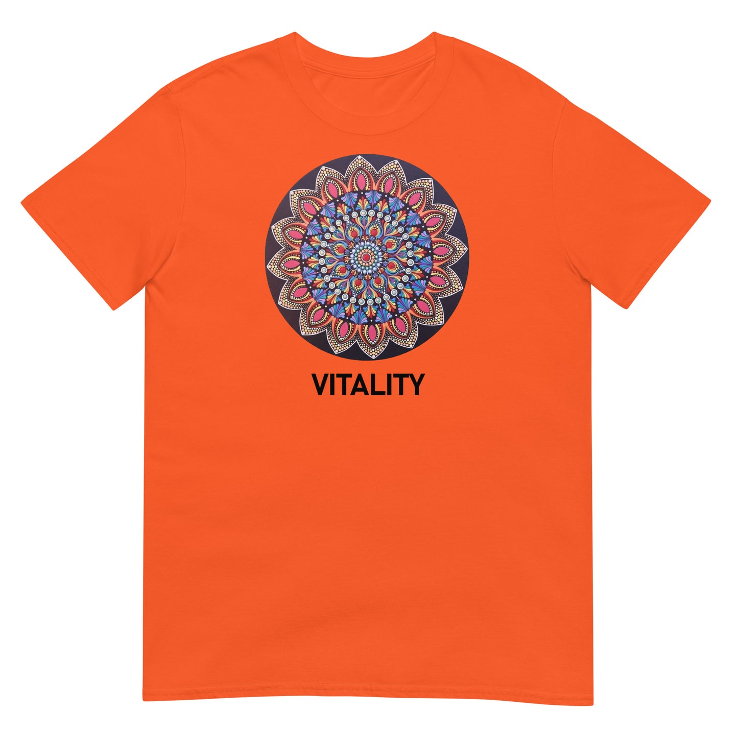Unisex Softstyle T-Shirt (mandala with pink petals | on front | VITALITY in black lettering)
