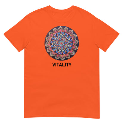 Unisex Softstyle T-Shirt (mandala with pink petals | on front | VITALITY in black lettering)
