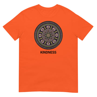 Unisex Softstyle T-Shirt (mandala with magenta rim | on front | KINDNESS in black lettering)