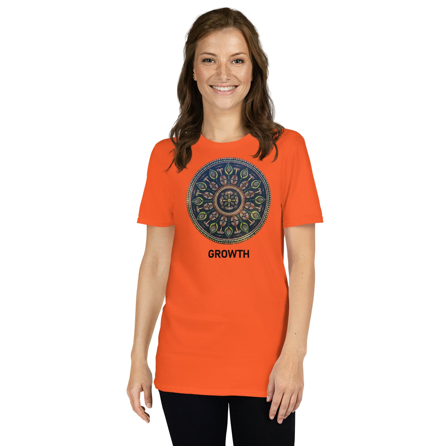 Unisex Softstyle T-Shirt (mandala with cross in the core | on front | GROWTH in black lettering)