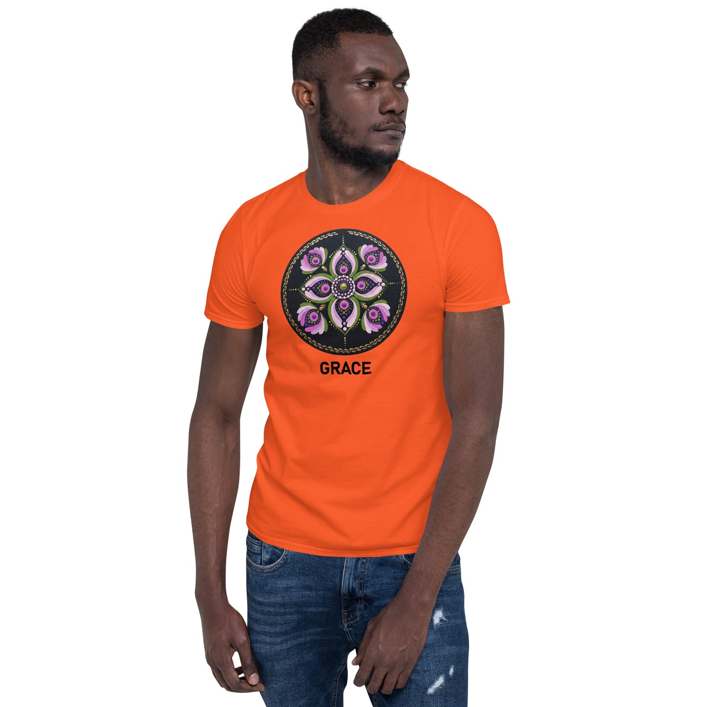 Unisex Softstyle T-Shirt (mandala with purple petals | on front | GRACE in black lettering)