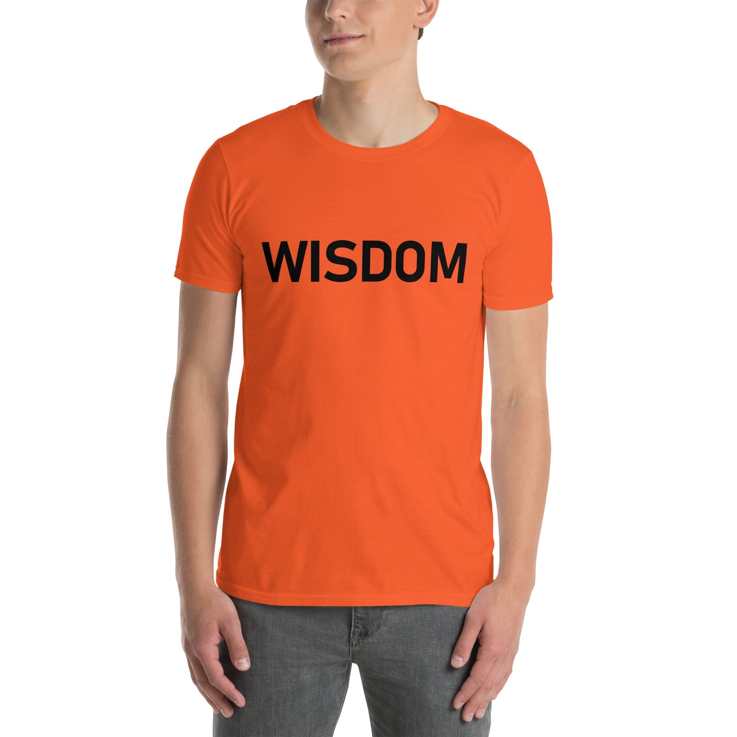 Unisex Softstyle T-Shirt (mandala with spokes in core on back | WISDOM in black lettering on front)