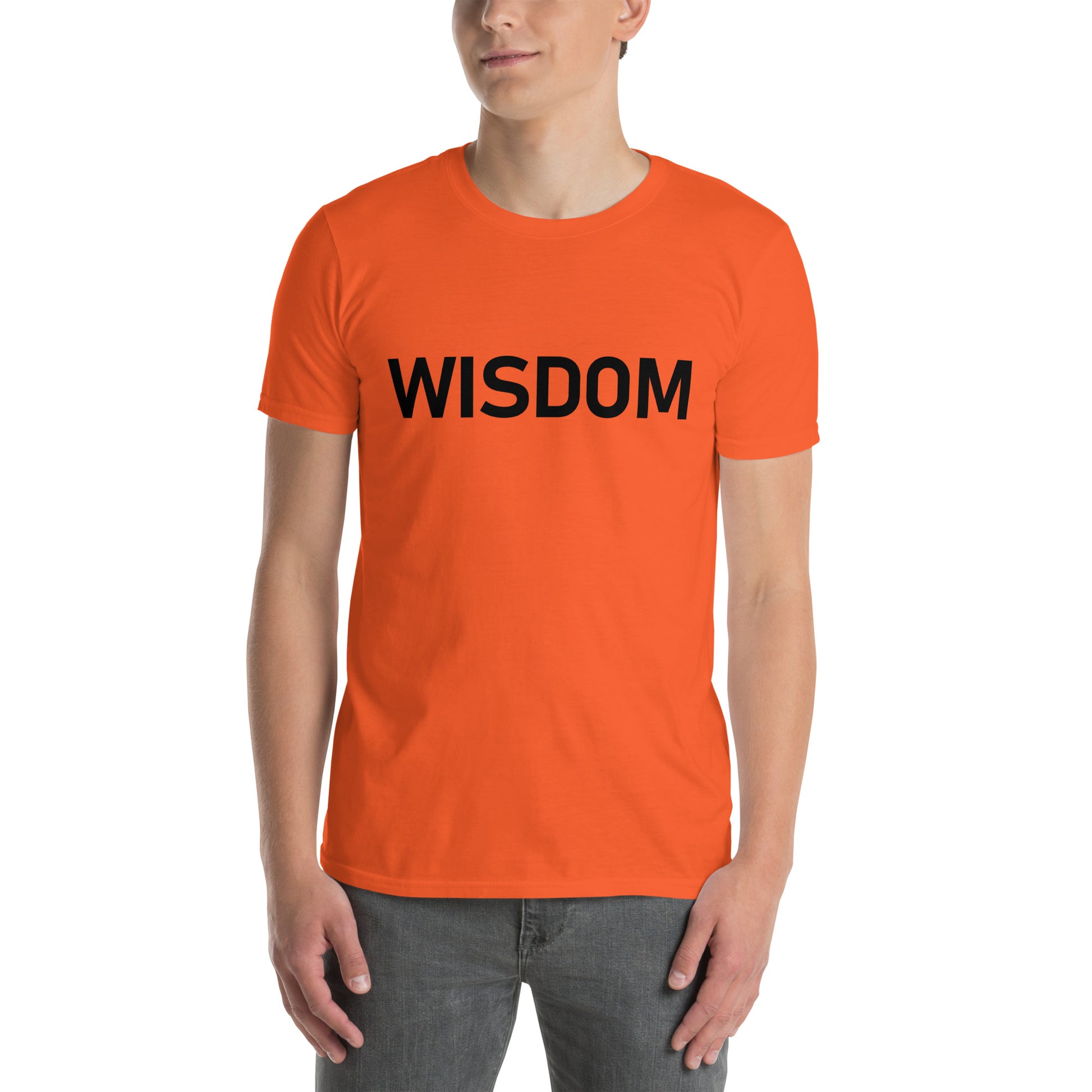 Unisex Softstyle T-Shirt (mandala with spokes in core on back | WISDOM in black lettering on front)