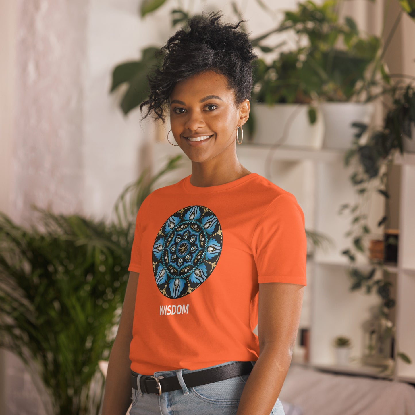 Unisex Softstyle T-Shirt (mandala with spokes in core on front | WISDOM in white lettering)