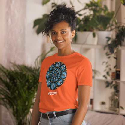 Unisex Softstyle T-Shirt (mandala with spokes in core on front | WISDOM in white lettering)