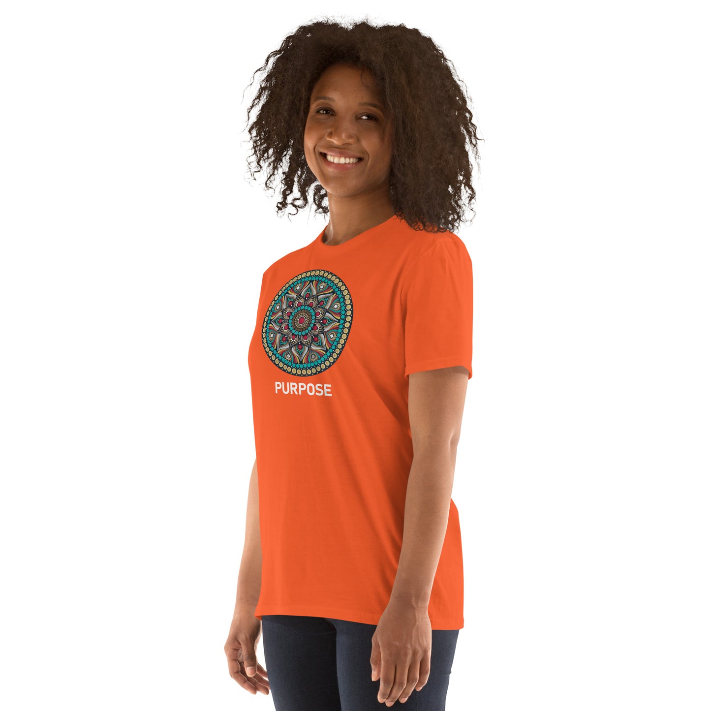 Unisex Softstyle T-Shirt (mandala with red core on front | PURPOSE in white lettering)