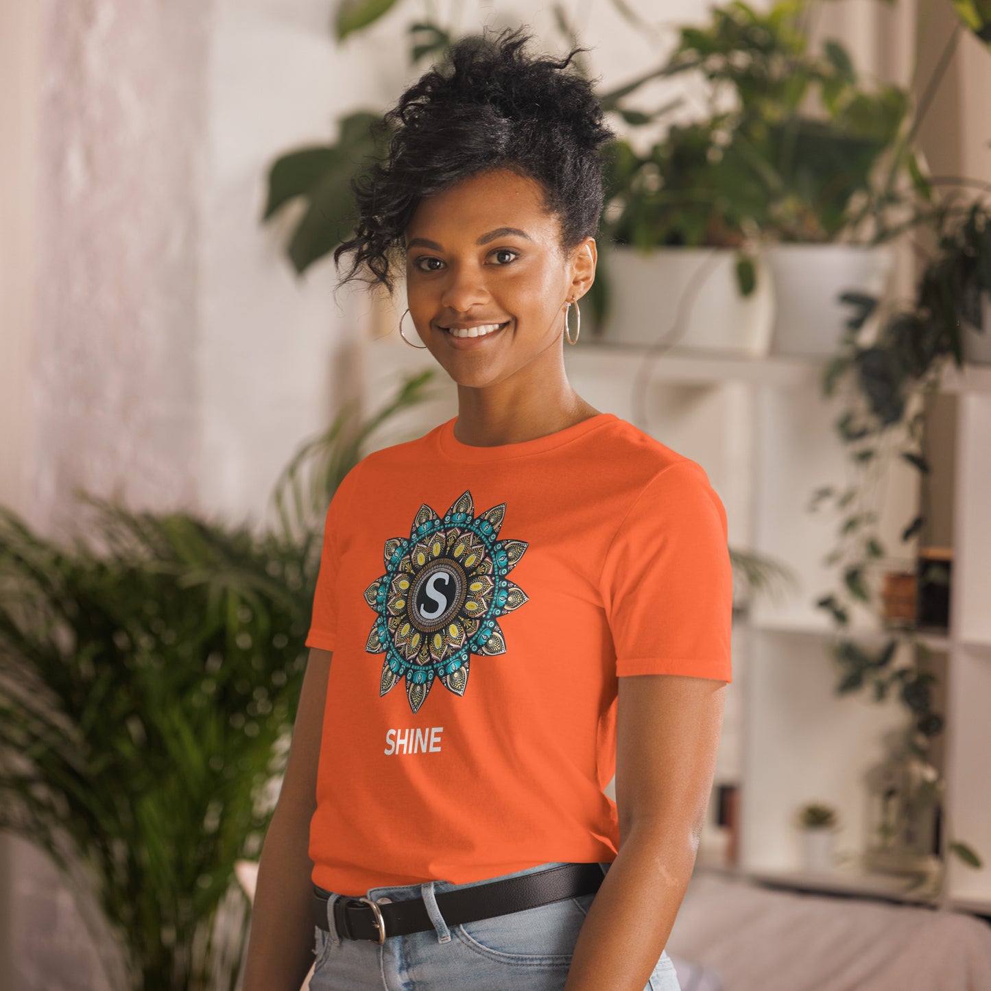 Unisex Softstyle T-Shirt (mandala with S in core | on front | SHINE in white lettering)