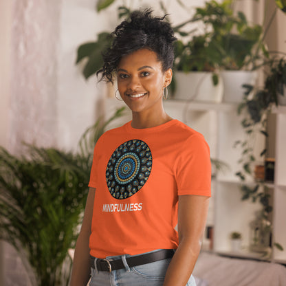 Unisex Softstyle T-Shirt (mandala with blue dots and black back | on front | MINDFULNESS in white lettering)
