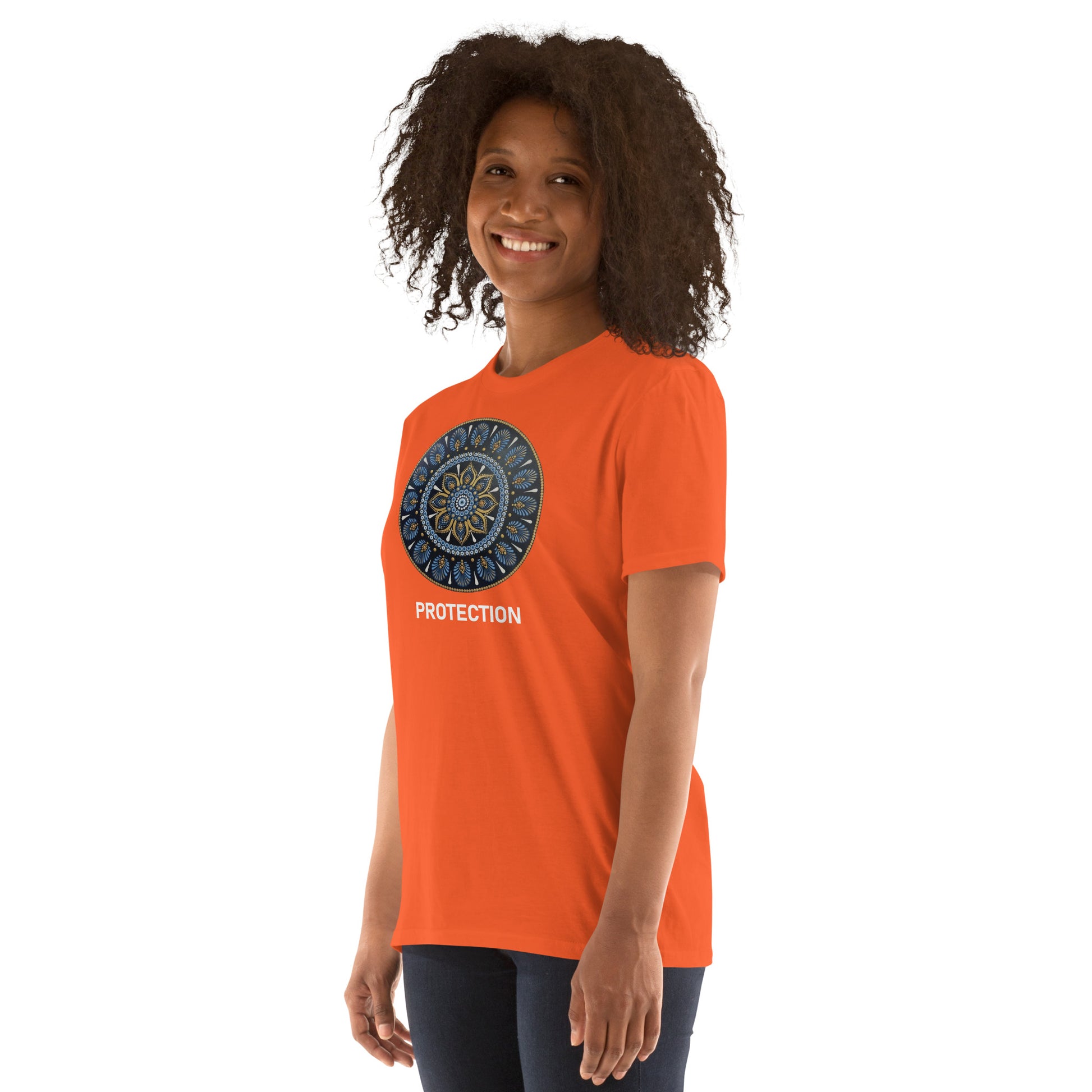 Unisex Softstyle T-Shirt (mandala with gold rim | on front | PROTECTION in white lettering)