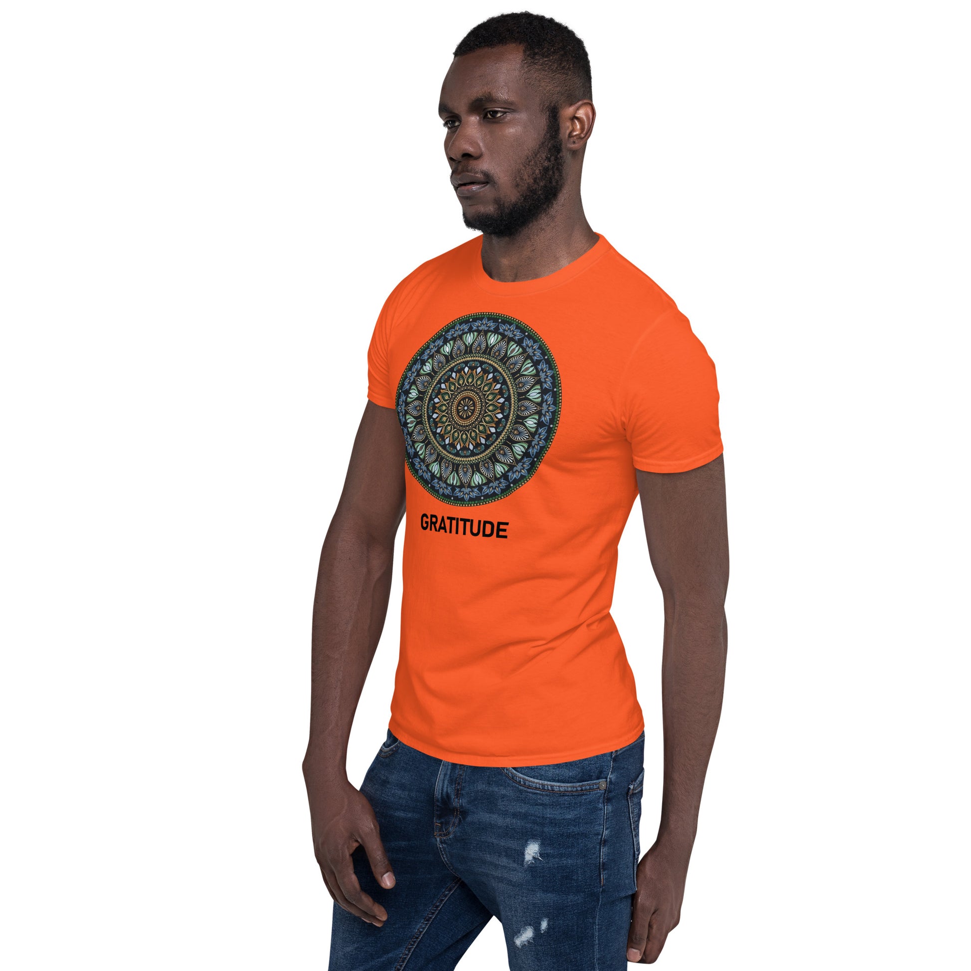 Unisex Softstyle T-Shirt (mandala green and gold rim | on front | GRATITUDE in black lettering)