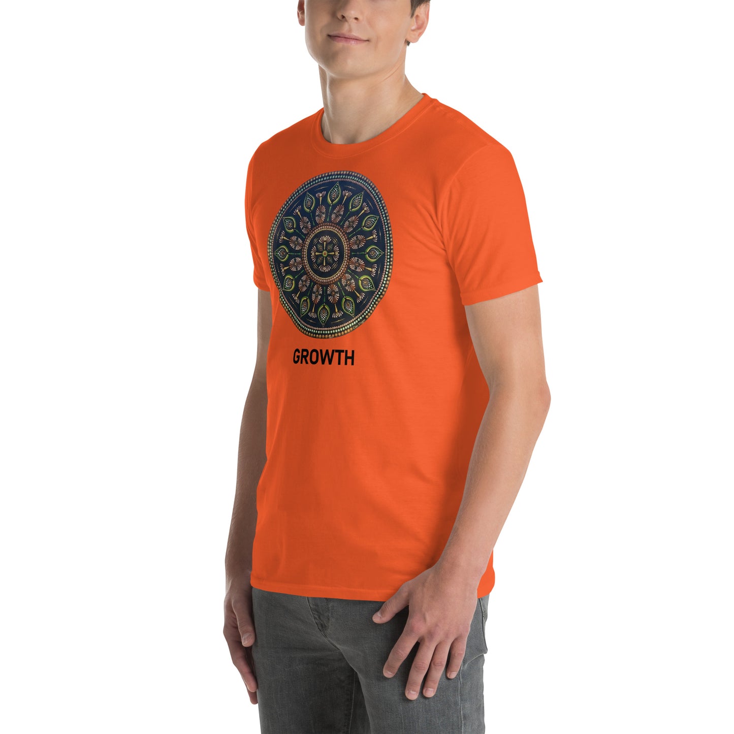 Unisex Softstyle T-Shirt (mandala with cross in the core | on front | GROWTH in black lettering)