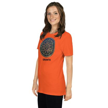 Unisex Softstyle T-Shirt (mandala with cross in the core | on front | GROWTH in black lettering)