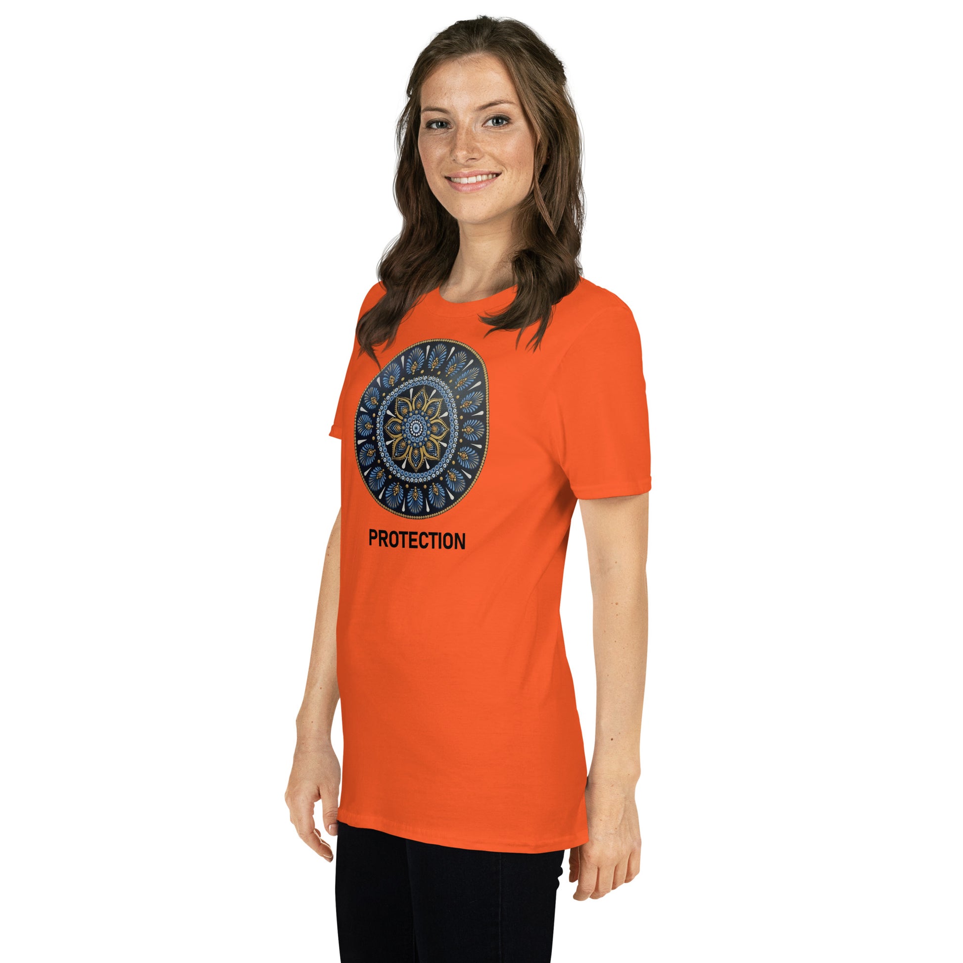 Unisex Softstyle T-Shirt (mandala with gold outer rim | on front | PROTECTION in black lettering)