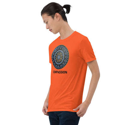 Unisex Softstyle T-Shirt (mandala with gold rim | on front | COMPASSION in black lettering)