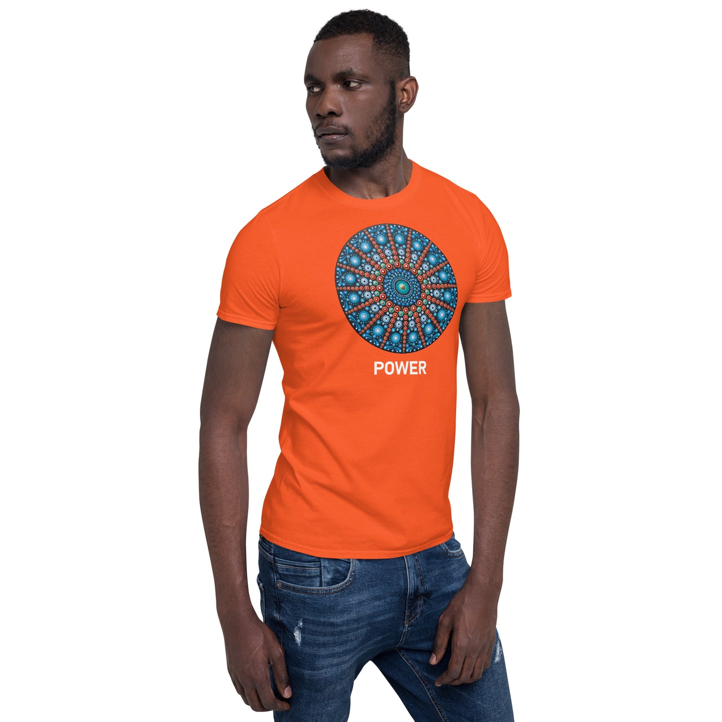 Unisex Softstyle T-Shirt (mandala with red lines | on front | POWER in white lettering)