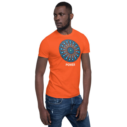 Unisex Softstyle T-Shirt (mandala with red lines | on front | POWER in white lettering)